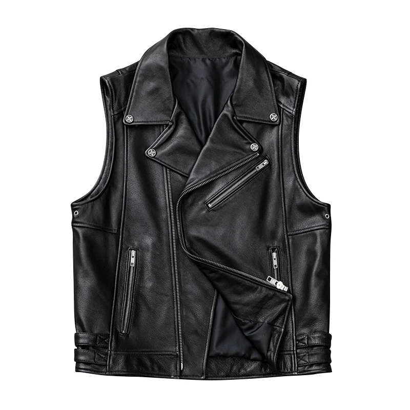 

2019 Black Men Slim Fit Motorcycle Leather Vest Plus Size XXXXXL Genuine Cowhide Spring Short Biker's Leather Vest FREE SHIPPING