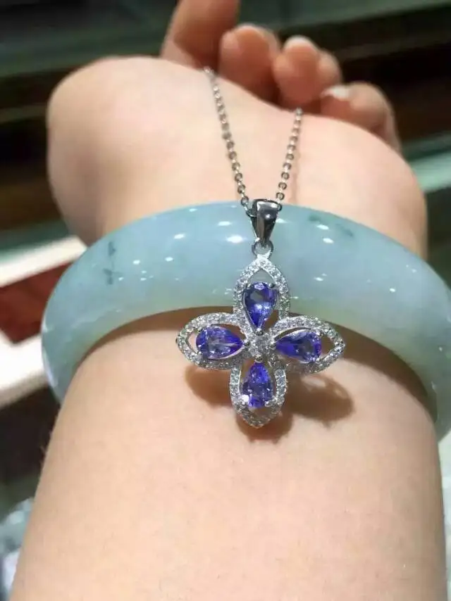 

Natural blue tanzanite gem pendant S925 silver Natural gemstone Pendant Necklace trendy Lucky clover women gift jewelry