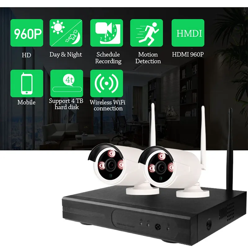 4CH wifi CCTV система Беспроводной NVR комплект 2 шт 960P HD IP камера 1.3MP наружная Водонепроницаемая домашняя система видеонаблюдения