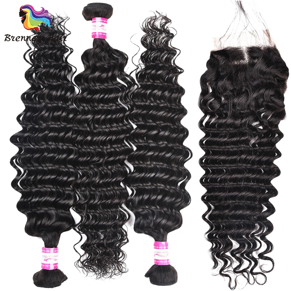 

Hot Sell 100% Peruvian Deep Wave Human Remy Hair Extension 3 bundles with a 4*4 closure no shedding free tangling 8-26inch