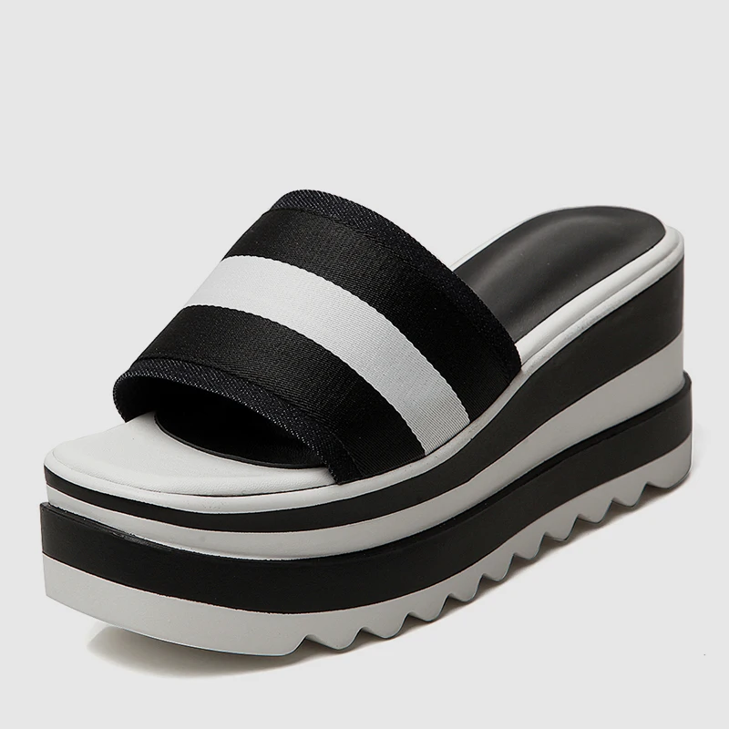 DoraTasia/Новинка, брендовые летние сандалии на платформе, женская обувь для отдыха на танкетке, повседневная женская пляжная обувь на высоком каблуке - Цвет: black slippers