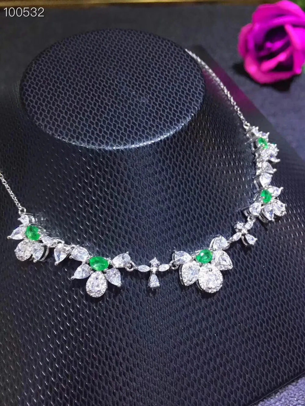 

Natural green emerald Pendant necklace S925 silver Natural gemstone necklace Luxury Elegant Flower geometry women party jewelery