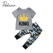 Летняя одежда для малышей Одежда для новорожденных мальчиков футболка с короной Топ камуфляжные длинные штаны комплекты одежды из 2 предметов 0-3Y
