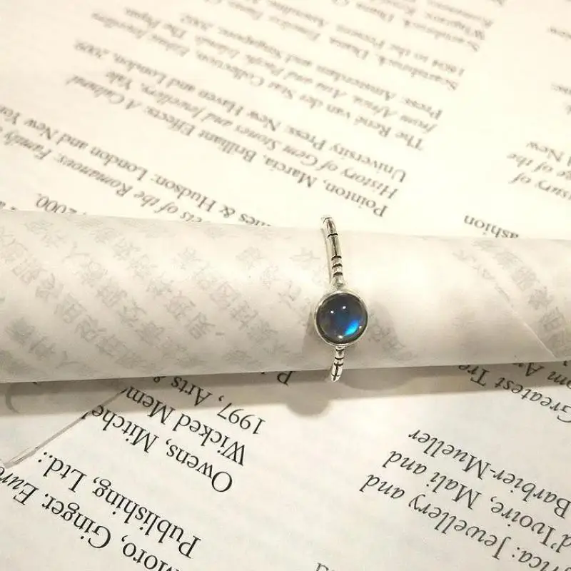 Кольца из натурального лунного камня для женщин, синее яркое 925 пробы Серебряное ювелирное изделие, винтажное простое серебряное кольцо