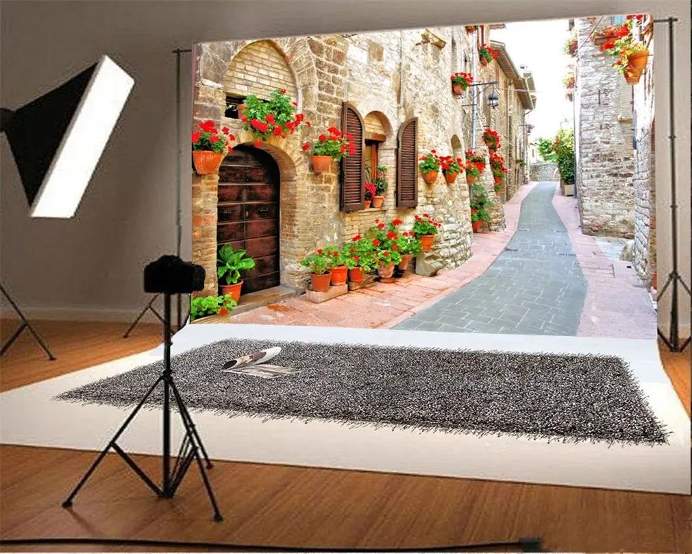 

Photography Backdrop European Building Blooming Flowers Street Photo Background Party