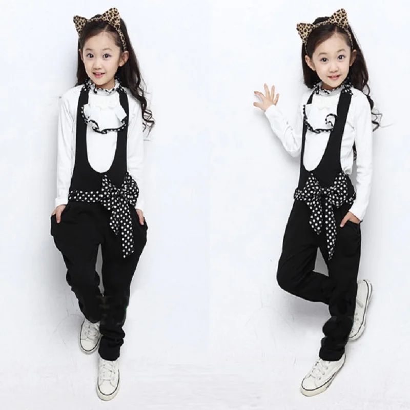 

autumn and spring childern clothing girls suspenders pants and shirts set kids clothing set
