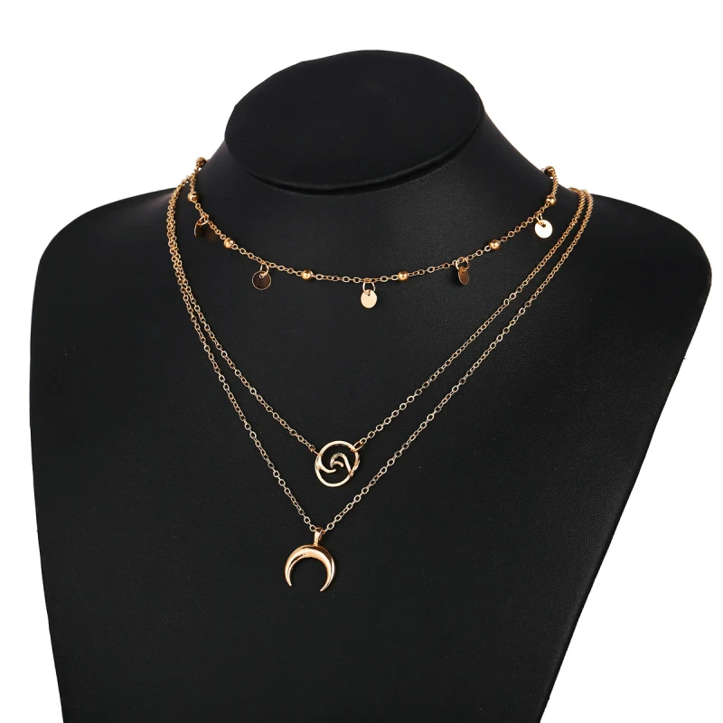 Simple Design Gold Color Wave Moon Choker Necklaces& Pendants For Women Sequins Pendant Multilayer Necklace Waves Chokers