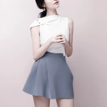

Elegant Summer Temperament Two Piece Suit Sets Women New Irregular Hem Sleeveless White Blouse + Blue Asymmetrical Skirt Sets