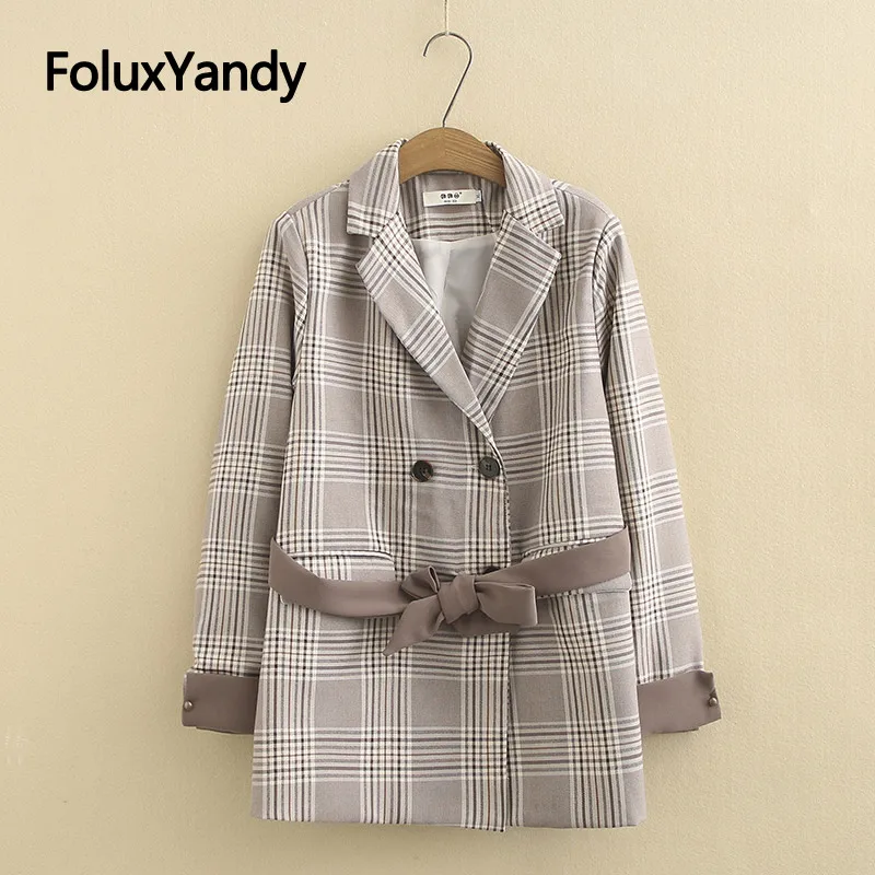 

New Plaid Blazer Women Casual Coats Plus Size XXXL 4XL Loose Sashes Loose Double Breasted Long Sleeve Blazers Outerwear KKFY3613