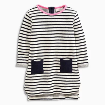

Little Maven New Children Clothing Long-sleeved O-necked Striped Pocket Botton Spring Autumn Girls Cotton Knitted Casual Dresses