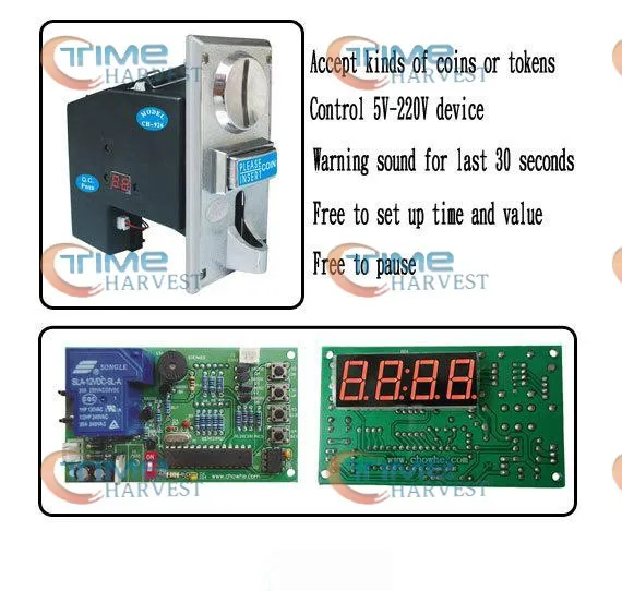 Coin operated timer control device with coin selector & timer board for