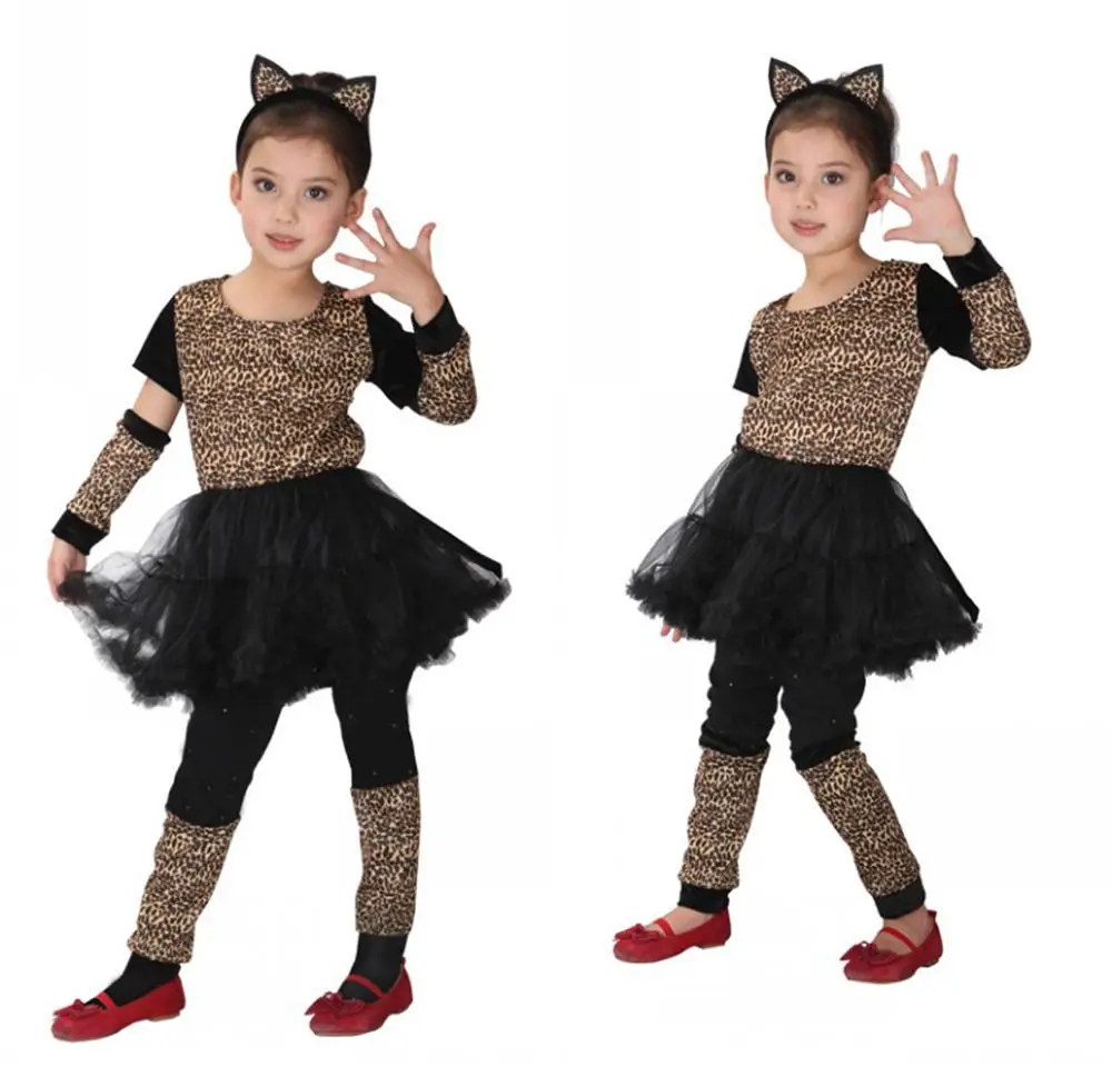 Милое платье леопардовой расцветки с изображением животных из мультфильма для девочек костюм на Хэллоуин для детей, Рождественский карнавальный наряд, повязка на голову