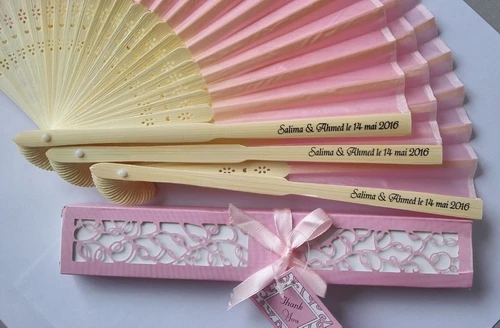 100pcs Personalized Luxurious Silk Fold hand Fan in Elegant Laser-Cut Gift Box +Party Favors/wedding Gifts+printing