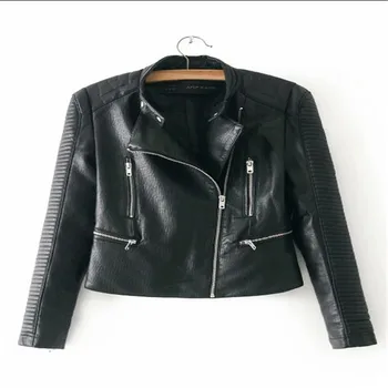 

New Fashion Women Faux Leather Motorcycle Jackets Slim Leather Bomber short Jacket Soft PU Biker Coat black Outerwear