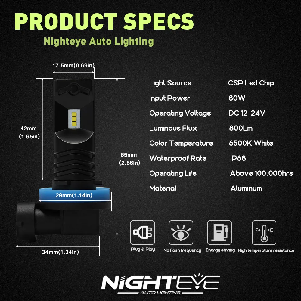 NIGHTEYE 2 шт. H8 H11 Светодиодный светильник HB4 9006 HB3 9005 H1 светодиодный противотуманный светильник для авто вождения автомобиля DRL лампа 6500k белая Автомобильная противотуманная фара