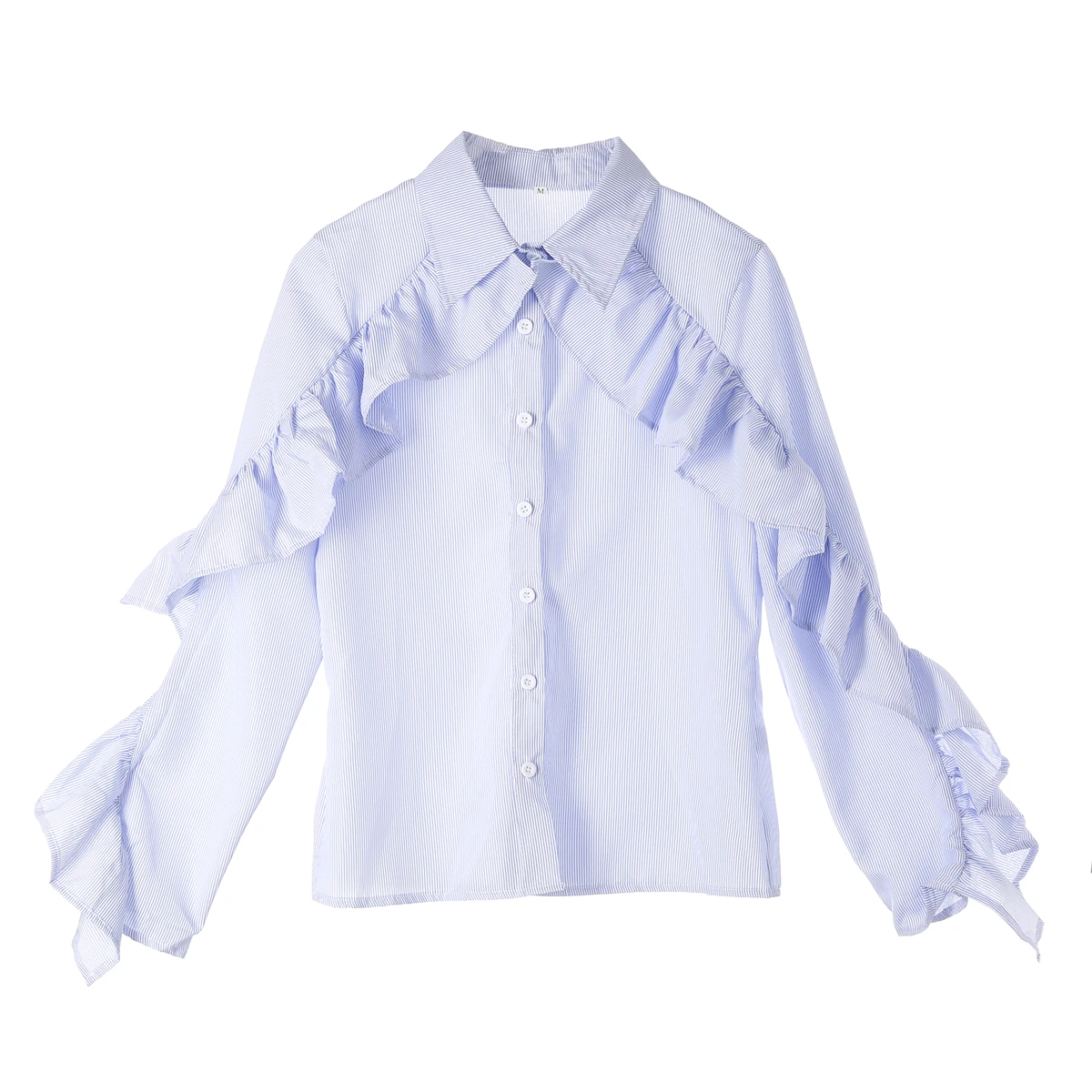 

Fashion Women Casual Turn-down colar Cotton Long Sleeve ruffles Blue and White plaid Ladies Shirt Loose Tops Blouse