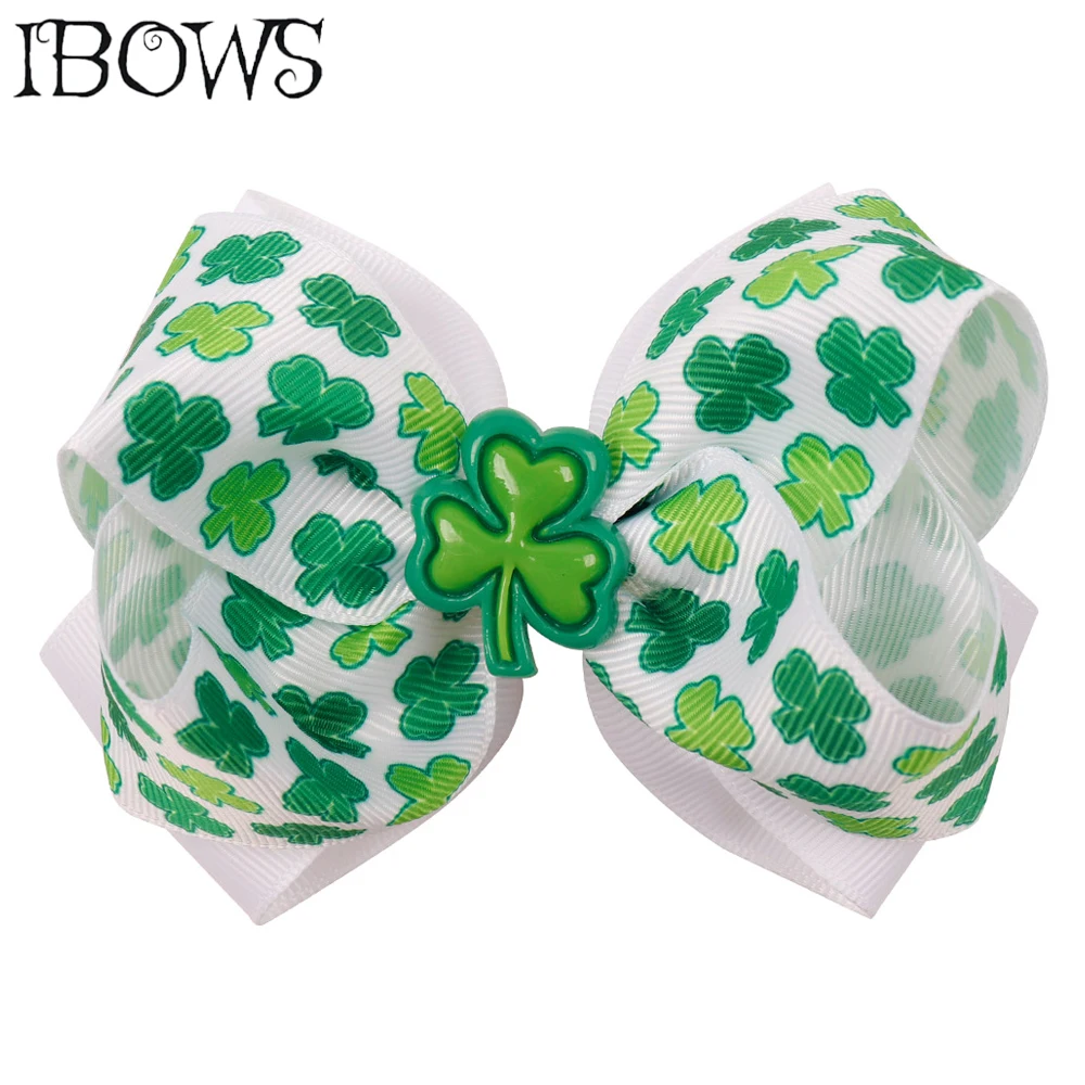 Patrick/'s Day Shamrock Feather Hair Bow 5/" Green /& White St