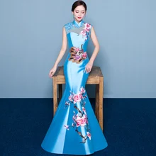 100%real chinese traditional phonix and yulan flower embroidery mermaid dress/royal blue/hot pink/red/purple etccan cusotms size
