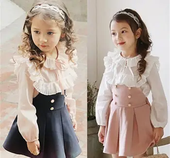 

Girls Dress Embroidery Suspender Dress Turn-down Collar Shirt & Dress 2 PCS 5 p/l