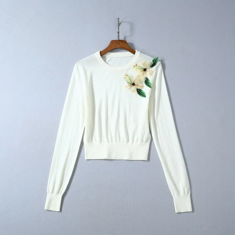 

European and American women's summer 2019 new style Sequined flower decoration Long sleeve fashion knit sweater