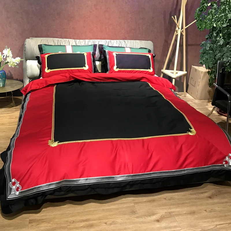US $320.00 Red black 120S Egyptian cotton Embroidery Royal Bedding sets Queen King Wedding Duvet cover Bed sheet set Pillowcases 46pcs