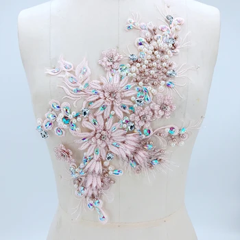 

1Pc Lace Applique 3D Pearl Rhinestone Lace Fabric Flower Trims For Wedding Evening Dress Costume Lace Sewing Trimmings DIY Craft