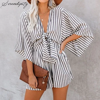 

SRDP Loose Striped Print Casual Short Jumpsuit Romper Women Summer Beach Deep V Neck Bandage Pockets Cotton Playsuit 2019