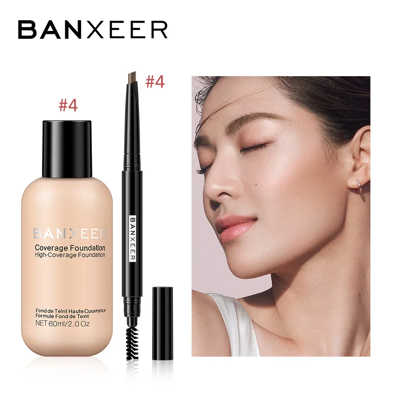 BANXEER Foundation+ Eyebrow Pencil Cosmetic Set Drak Brown Eyebrow Waterproof Long Lasting Foundation Concealer Makeup - Color: 4