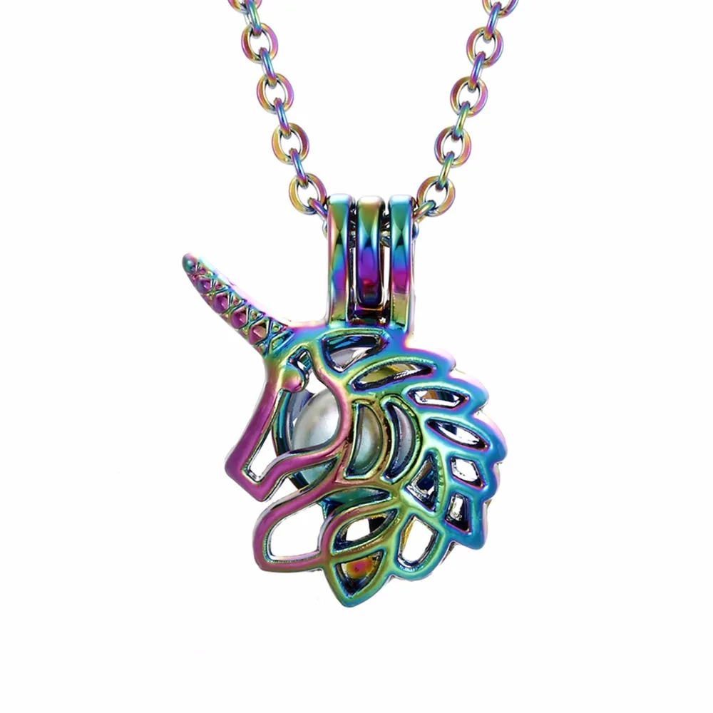 

1pc Rainbow Color Unicorn Oyster Pearl Cage Necklace Beads Cage Essential Oil Diffuser Locket Pendant Necklace Jewelry