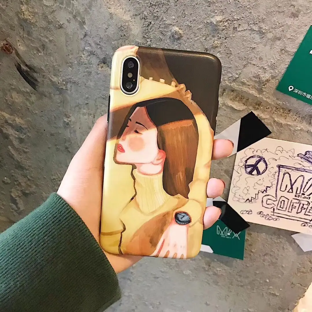

3CPizai Oil Printing Matte Yellow Girl Phone Case Cover for iPhone X 8 7 6 Plus