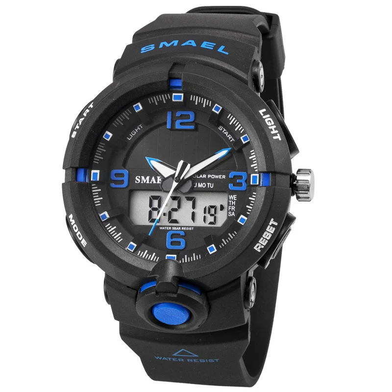 Дешево Новинка 2019, SMAEL Брендовые Часы на солнечной энергии, Цифровые кварцевые мужские спортивные часы, многофункциональные, двойное время, уличны...