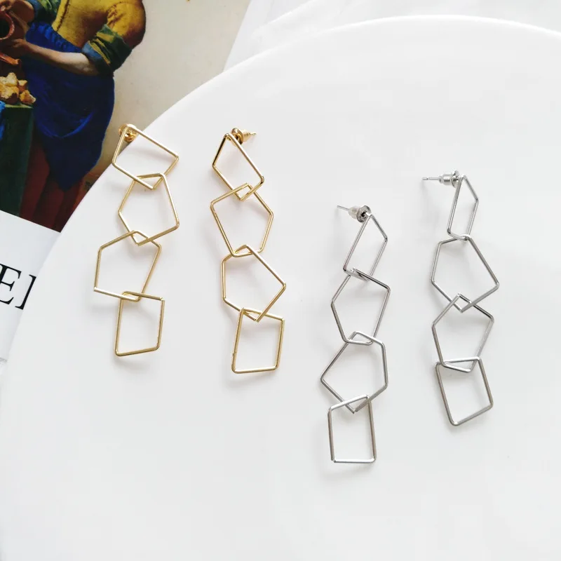 

Doreen Box Fashion Stud Earrings New Metal Punk Geometry Silver Gold Color Chain Irregular For Fashion Girl Jewelry,1 Pair