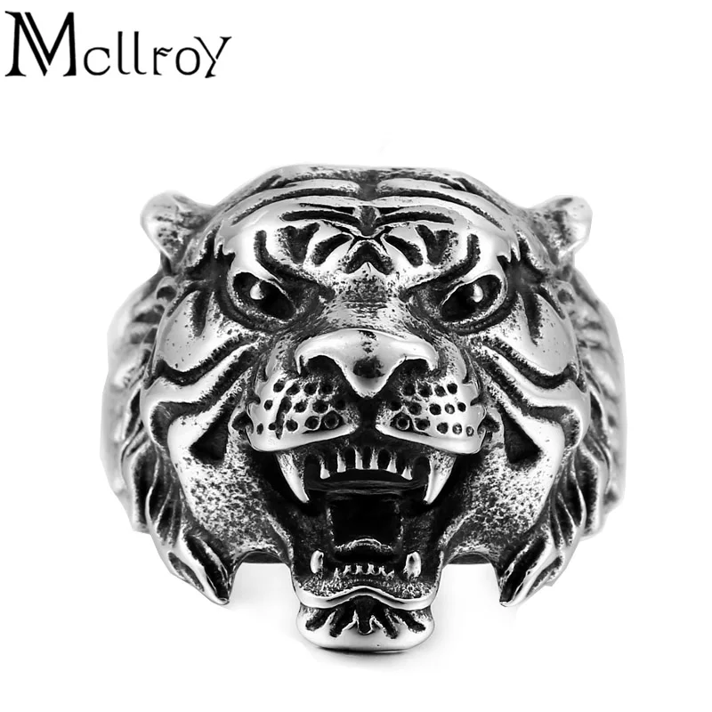 

Mcllroy Ring men Jewelry Vintage Tiger head shape four-color Stainless steel Male rings Cool Animals Accessories Fashion Jewelry