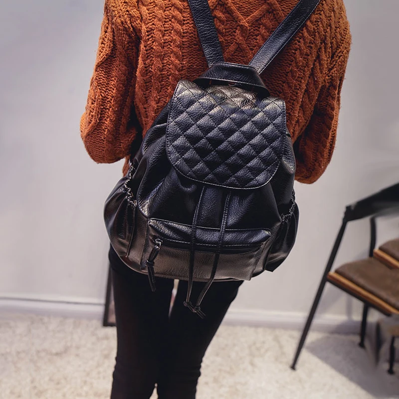 

2016 New Designer Women Fashion PU Leather String Backpacks Korean Style Cute Grid Backpacks for Ladies Girls Bags