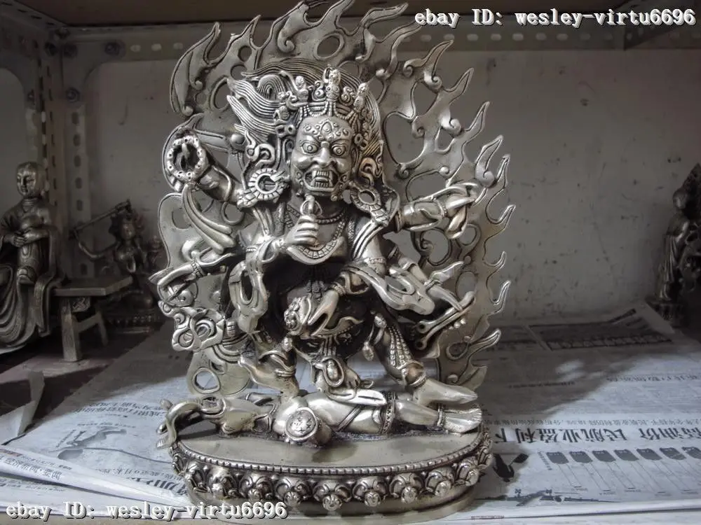 

10.5 Tibet Buddhism Temple White copper silver Six arms Mahakala Buddha Statue