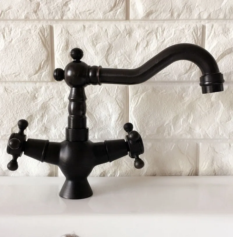 Black Oil Rubbed Brass Dual Cross Handles One Hole Bathroom Kitchen Basin Sink Faucet Mixer Tap Swivel Spout Deck Mounted mnf362