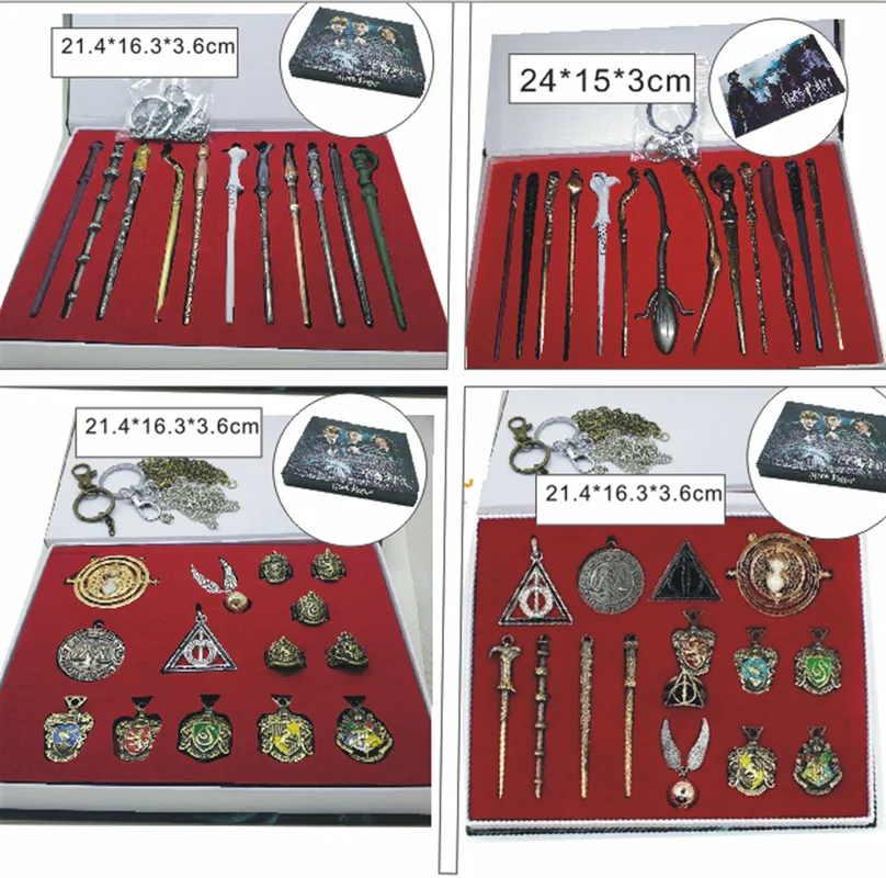 

Harri Potter Magic Wands Toy Figures Narcissa Dumbledore Quidditch Necklaces Keychains Time Turner Set Box kid gift Toy