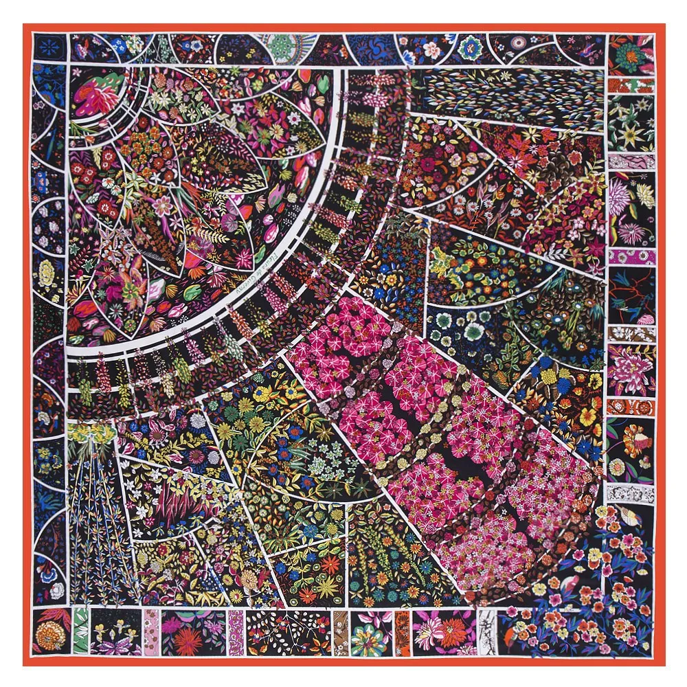 

Winter Bohemian Square Scarf All Flowers Bloom Together Luxury Brand 100% Twill Silk Scarf Woman Kerchief Shawl Scarves For Lady