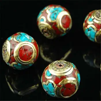 

Wholesale 10PCS Nepal Handmade Beads Brass Inlaid Colorful Stone Drum Beads NBB317