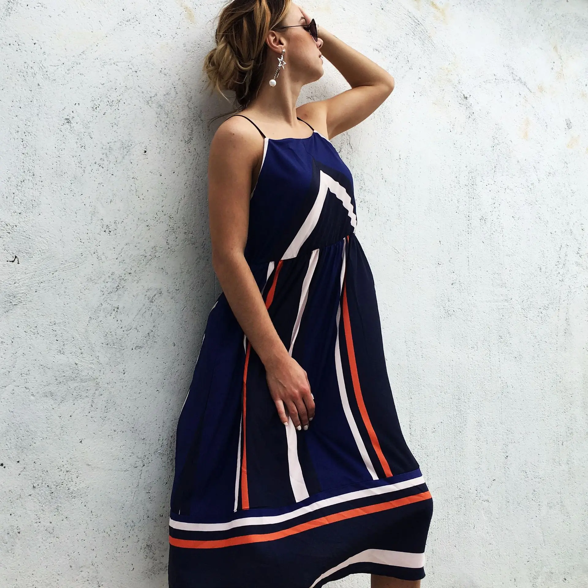 

GUMNHU Summer Women Dresses Sexy Ruffles Back Striped Printing Sleeveless Party Beach Sundresses Long Dress Elegant Vestido 2019