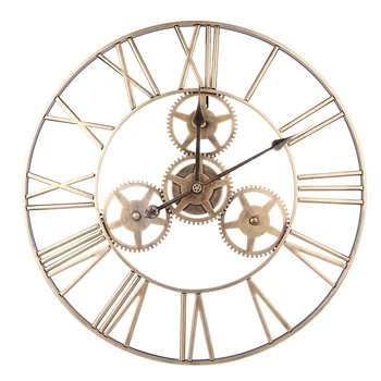 

24 Inches 60cm Wrought Iron Hollow Gear Mute Wall Clock Roman Numeral Silent Wall Clock Hanging Clock Decor - Retro Gold