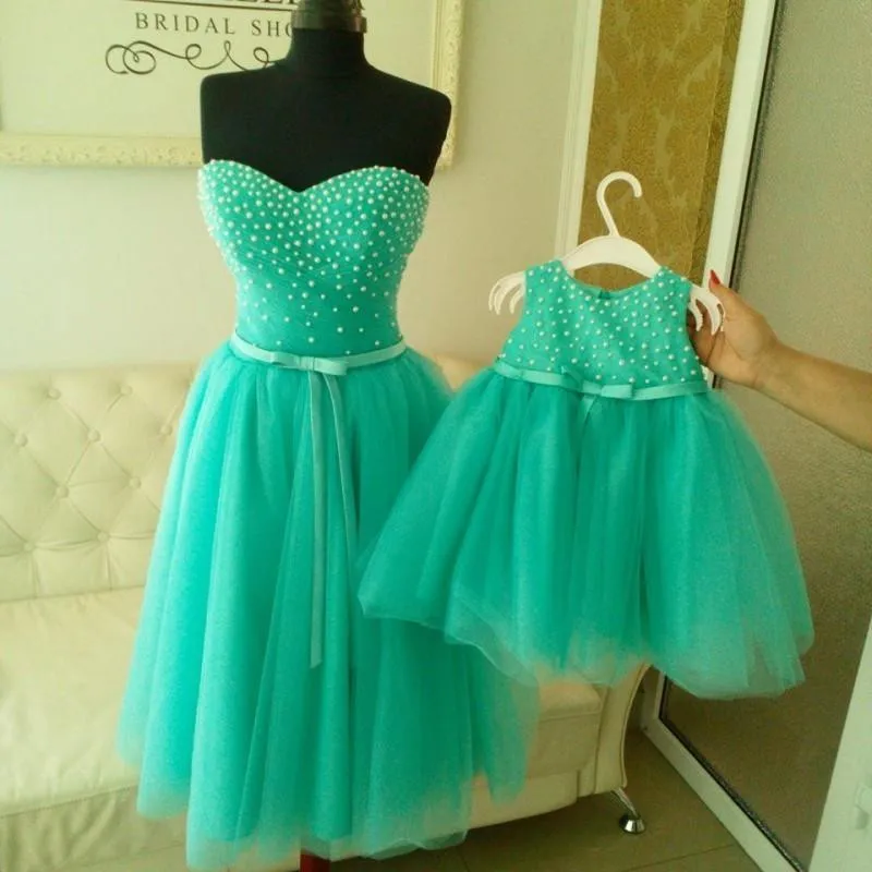 

Kids Pageant Ball Gowns Pearls Mint Green flower girl dresses for weddings Mother and Daughter Matchin Dress