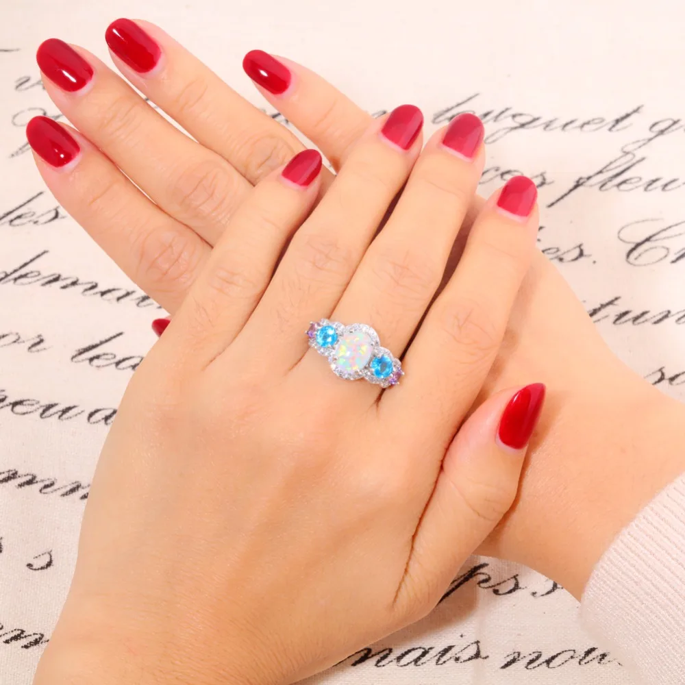 CiNily White Fire Opal Rpund Stone Rings Silver Plated Blue Purple CZ Large Full Crystal Filled Ring Party Jewelry Women Girls