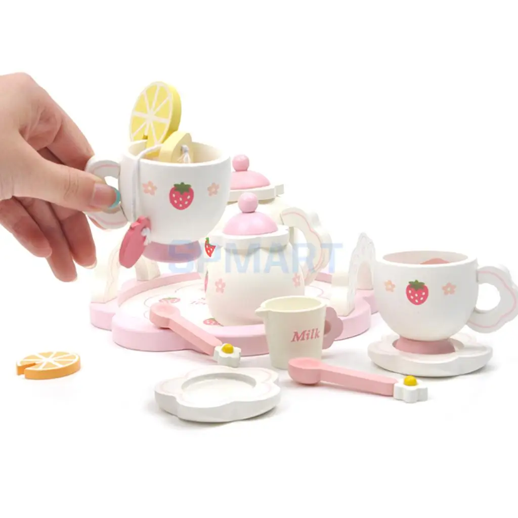 Miniature Dollhouse Wooden Strawberry Themed Afternoon Tea Set Food Kitchen Pretend Play Set