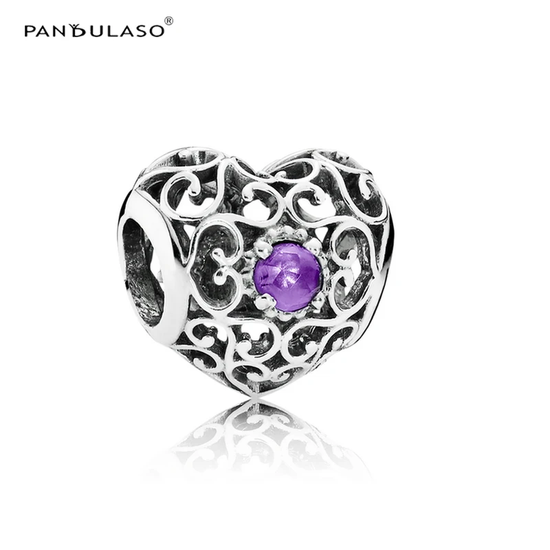 

Pandulaso February Signature Heart Crystal Beads for Jewelry Making Fit Original Charms Bracelets Purple Birthstone DIY Jewelry
