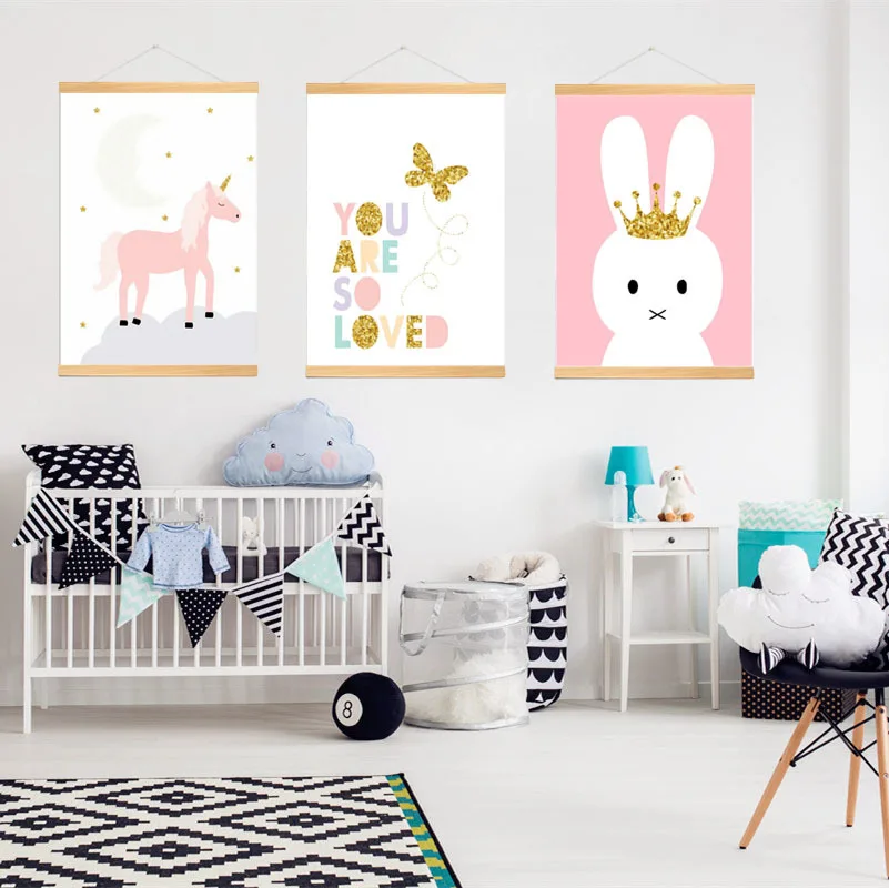 

Pine Frame Lovely Nordic Unicorn Rabbit Canvas Painting Art Print Poster Picture For Baby Room Children Bedroom Decoration