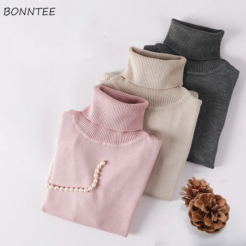 

Pullovers Women 2019 Knitting Stretchy Solid Turtleneck Soft Womens Sweaters Full Sleeve Leisure High Elasticity Ladies Sweater