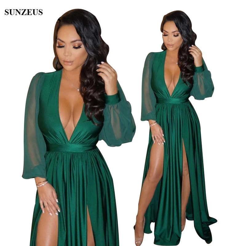 Sexy V ausschnitt Langarm Smaragd Grün Prom Kleider Zwei Schlitz Vorne  Promi Party Kleid Lange Jersey Vestido De Festa SAU540|Prom Dresses| -  AliExpress