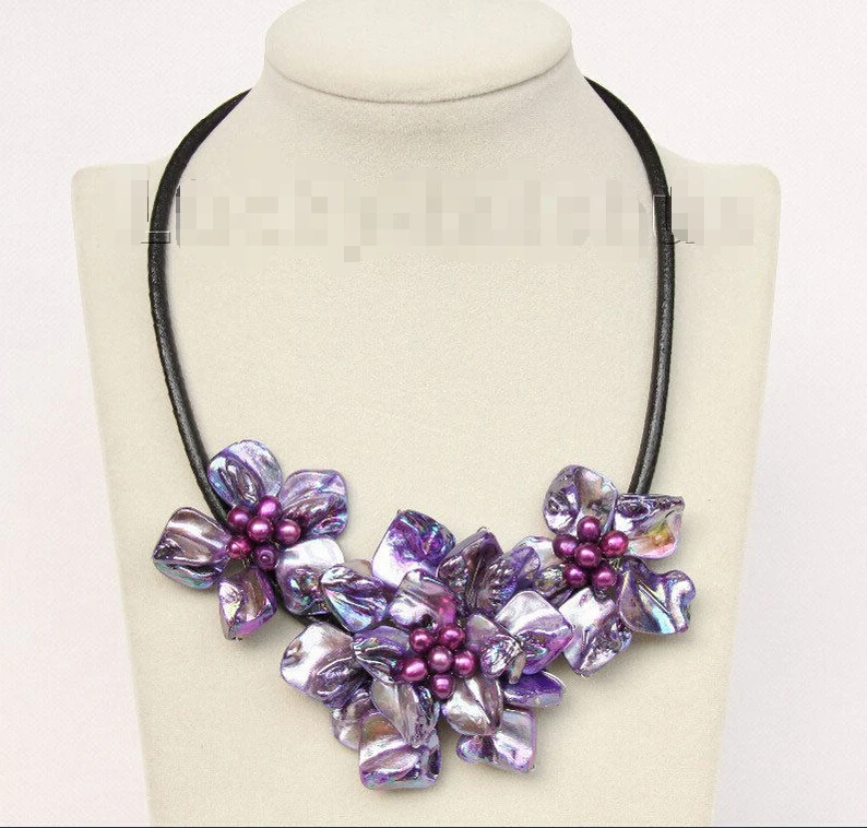 

baroque handcraft bloom purple seashell pearls choker leather necklace j9823 @^Noble style Natural Fine jewe FREE SHIPPING