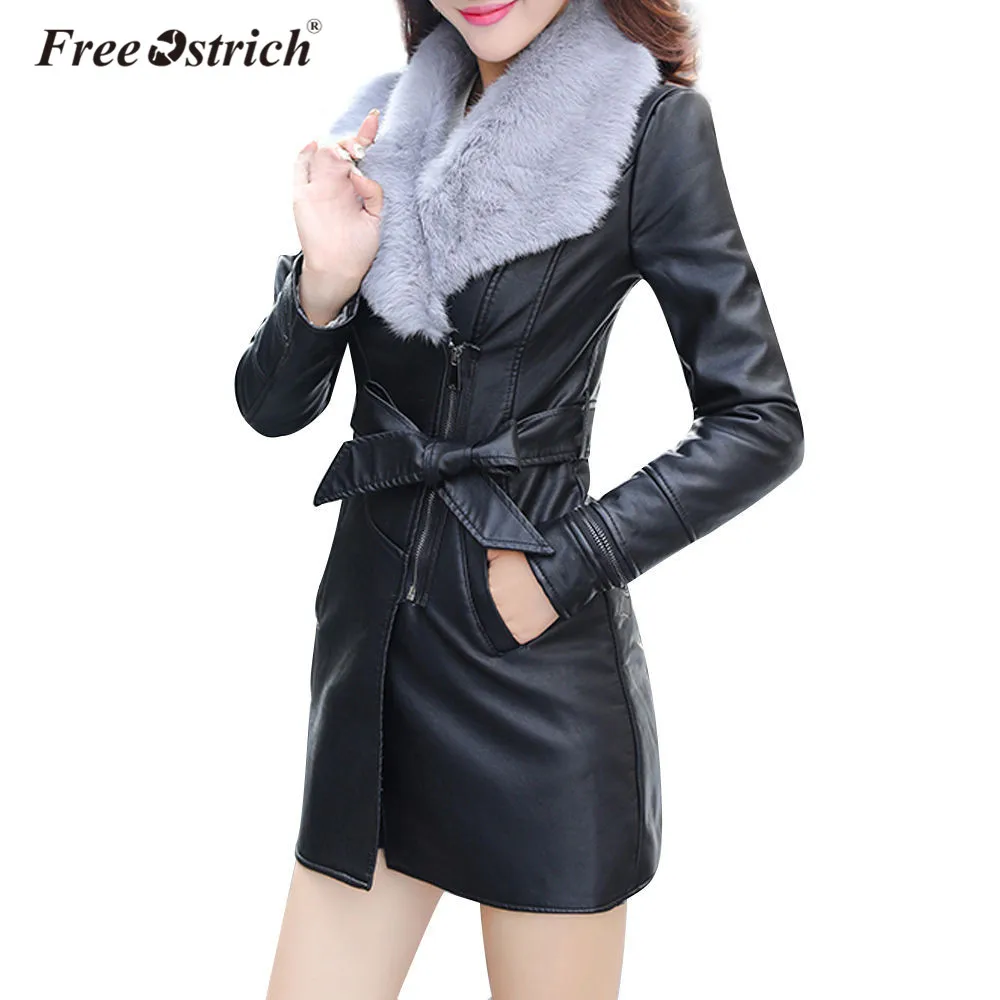 Acheter Gratuit autruche Pu cuir veste 2019 automne hiver mode femmes mince vêtements Zipper noir Long dames vestes manteaux D40